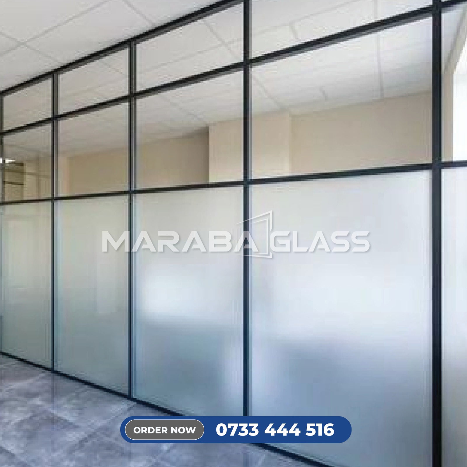 Comparison of clear, frosted, and tinted glass office partitions in Kenya.